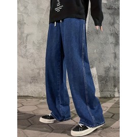 Men's Fashion Solid Loose Fit Straight Leg Jeans, Casual Street Style Denim Pants For Casual Daily Wear