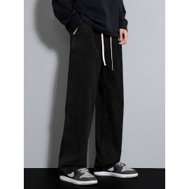 Men's Street Style Wide Leg Denim Jeans, Casual Drawstring Pants, Hip-Hop Loose Fit Jeans