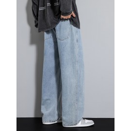 Men's Street Style Wide Leg Denim Jeans, Casual Drawstring Pants, Hip-Hop Loose Fit Jeans