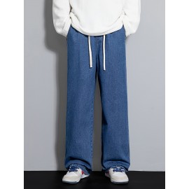Men's Street Style Wide Leg Denim Jeans, Casual Drawstring Pants, Hip-Hop Loose Fit Jeans