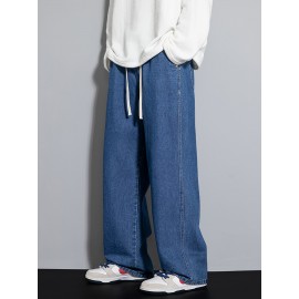 Men's Street Style Wide Leg Denim Jeans, Casual Drawstring Pants, Hip-Hop Loose Fit Jeans