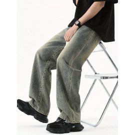 Men's Street Style Wide Leg Denim Jeans, Casual Drawstring Pants, Hip-Hop Loose Fit Jeans