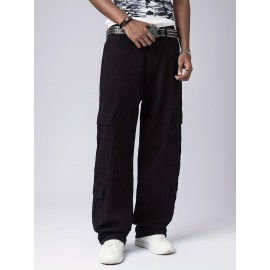 Men's Trendy Hip-Hop Style Loose Fit Cargo Jeans with Multiple Pockets - 100% Cotton, Machine Washable