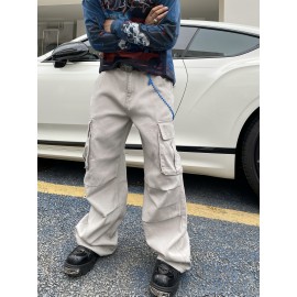 1pc Vintage-Inspired Street Style Loose-Fit Cargo Jeans for Adults, Solid Color Cotton Fabric, Non-Stretch, Multiple Pockets, Regular Length, All-Season Woven Trousers