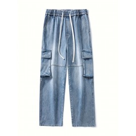 Men's Loose Gradient Color Denim Trousers With Pockets, Causal Drawstring Cotton Blend Jeans For Outdoor Activities
