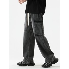 Men's Loose Gradient Color Denim Trousers With Pockets, Causal Drawstring Cotton Blend Jeans For Outdoor Activities