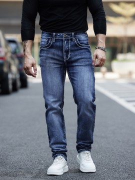 ESDVQ Men's Vintage-Inspired Embroidered Stretch Jeans - Slim Fit, Cotton Blend Denim with Pockets