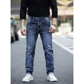 ESDVQ Men's Vintage-Inspired Embroidered Stretch Jeans - Slim Fit, Cotton Blend Denim with Pockets
