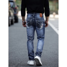 ESDVQ Men's Vintage-Inspired Embroidered Stretch Jeans - Slim Fit, Cotton Blend Denim with Pockets