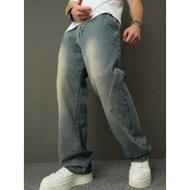 Men'S Faux Denim Washed Retro Casual Straight Leg Pants Fashionable And Versatile High Street Loose Wide Leg Pants