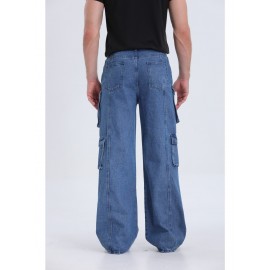 1pc Men'S Geometric-Patterned Multi-Pocket Faux Denim Faux Denim - All-Season Regular Fit Woven Fabric, Comfortable Street Style Basics for Adults