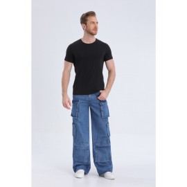 1pc Men'S Geometric-Patterned Multi-Pocket Faux Denim Faux Denim - All-Season Regular Fit Woven Fabric, Comfortable Street Style Basics for Adults