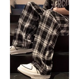Men's Casual Plaid Long Pants With Drawstring - Basic Straight-Leg Trousers For Casual Wear