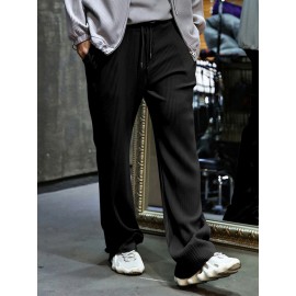 Men's Casual Drawstring Pants - Mid-Waist, Straight Leg, Solid Color Ribbed Design, Polyester Blend, Machine Washable