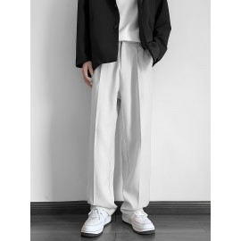 Men's Casual Fashion Pants, Versatile Solid Color, Polyester Fabric, Cropped Length