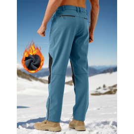 1pc ZUTY Men'S Fleece-Lined Waterproof Ski Pants, Softshell Color Block Sports Style with Zipper, Slight Stretch Polyester, Regular Fit for Snowboarding, Hiking - Woven Outdoor Trousers