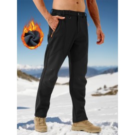 1pc ZUTY Men'S Fleece-Lined Waterproof Ski Pants, Softshell Color Block Sports Style with Zipper, Slight Stretch Polyester, Regular Fit for Snowboarding, Hiking - Woven Outdoor Trousers
