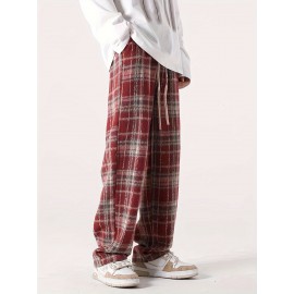 Men's Loose Fit Plaid Trousers, Breathable Comfort, Drawstring & Pockets