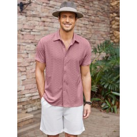 Men's Casual Button-Down Beach Shirt - Short Sleeve, Stretch Fabric, Summer Tropical Top with Turquoise Collar