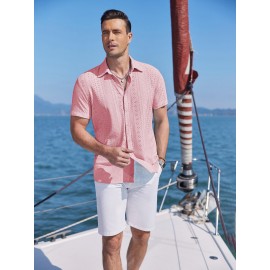 Men's Casual Button-Down Beach Shirt - Short Sleeve, Stretch Fabric, Summer Tropical Top with Turquoise Collar
