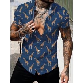 Men's Giraffe 3D Print Casual Shirt, Button Front Short Sleeve Top, Men's Clothes For Daily Wear/Party