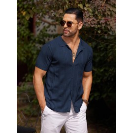 Men'S Summer Casual Knit Button-Down Lapel Shirts - Regular Fit, Slight Stretch Fabric, Solid Color Short Sleeve Casual Shirt with Button Detail