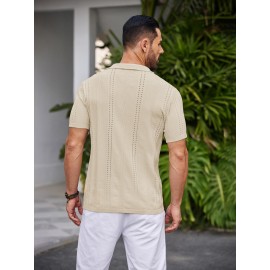 Men'S Summer Casual Knit Button-Down Lapel Shirts - Regular Fit, Slight Stretch Fabric, Solid Color Short Sleeve Casual Shirt with Button Detail
