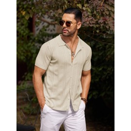 Men'S Summer Casual Knit Button-Down Lapel Shirts - Regular Fit, Slight Stretch Fabric, Solid Color Short Sleeve Casual Shirt with Button Detail