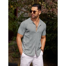 Men'S Summer Casual Knit Button-Down Lapel Shirts - Regular Fit, Slight Stretch Fabric, Solid Color Short Sleeve Casual Shirt with Button Detail