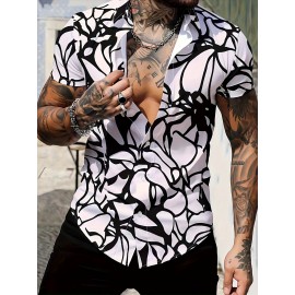 Crackle Pattern Print Men's Color Block Short Sleeve Button Up Lapel Shirt For Summer Resort Holiday, Hawaiian Style