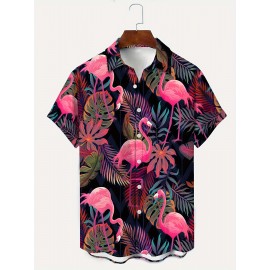Men's 3D Flamingo Pattern Print Short Sleeve Lapel Shirt Top, Casual Button Up Shirt For Summer Daily Wear And Vacation Resorts