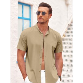 Men's Casual Button Down Cotton Shirts Short Sleeve Band Collar Beach Summer Shirt Tops