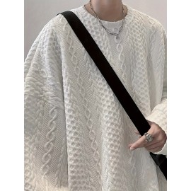 Trendy Cable Sweatshirt, Men's Casual Solid Crew Neck Sweatshirt For Men Fall Winter