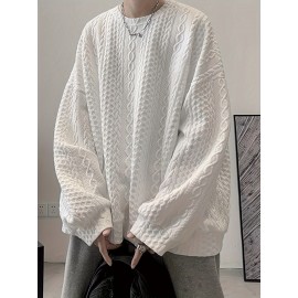 Trendy Cable Sweatshirt, Men's Casual Solid Crew Neck Sweatshirt For Men Fall Winter