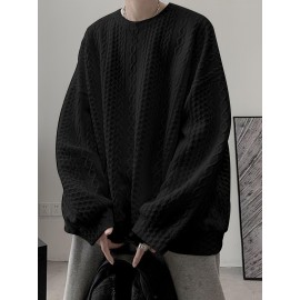 Trendy Cable Sweatshirt, Men's Casual Solid Crew Neck Sweatshirt For Men Fall Winter