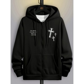 Men's Fashion Cross Print Long Sleeve Hoodie - Classic Zip-Up Design, Casual Style, Ideal For Fall And Winter