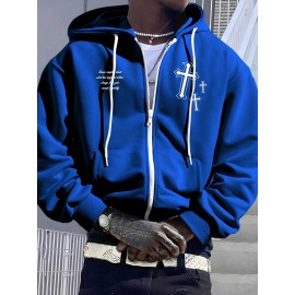 Men's Fashion Cross Print Long Sleeve Hoodie - Classic Zip-Up Design, Casual Style, Ideal For Fall And Winter