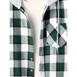 Fashionable And Versatile Men's College Style Casual Plaid Hoodies Button Drawstring Shirt Jacket, Suitable For Outdoor